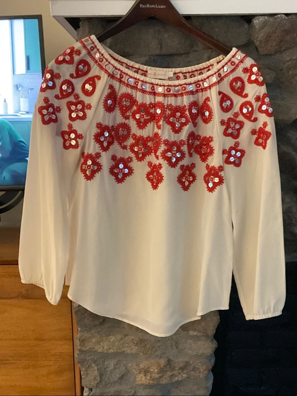 Tory Burch Leila ivory Tunic with red Embroidered Yoke with silver Sequen detail
